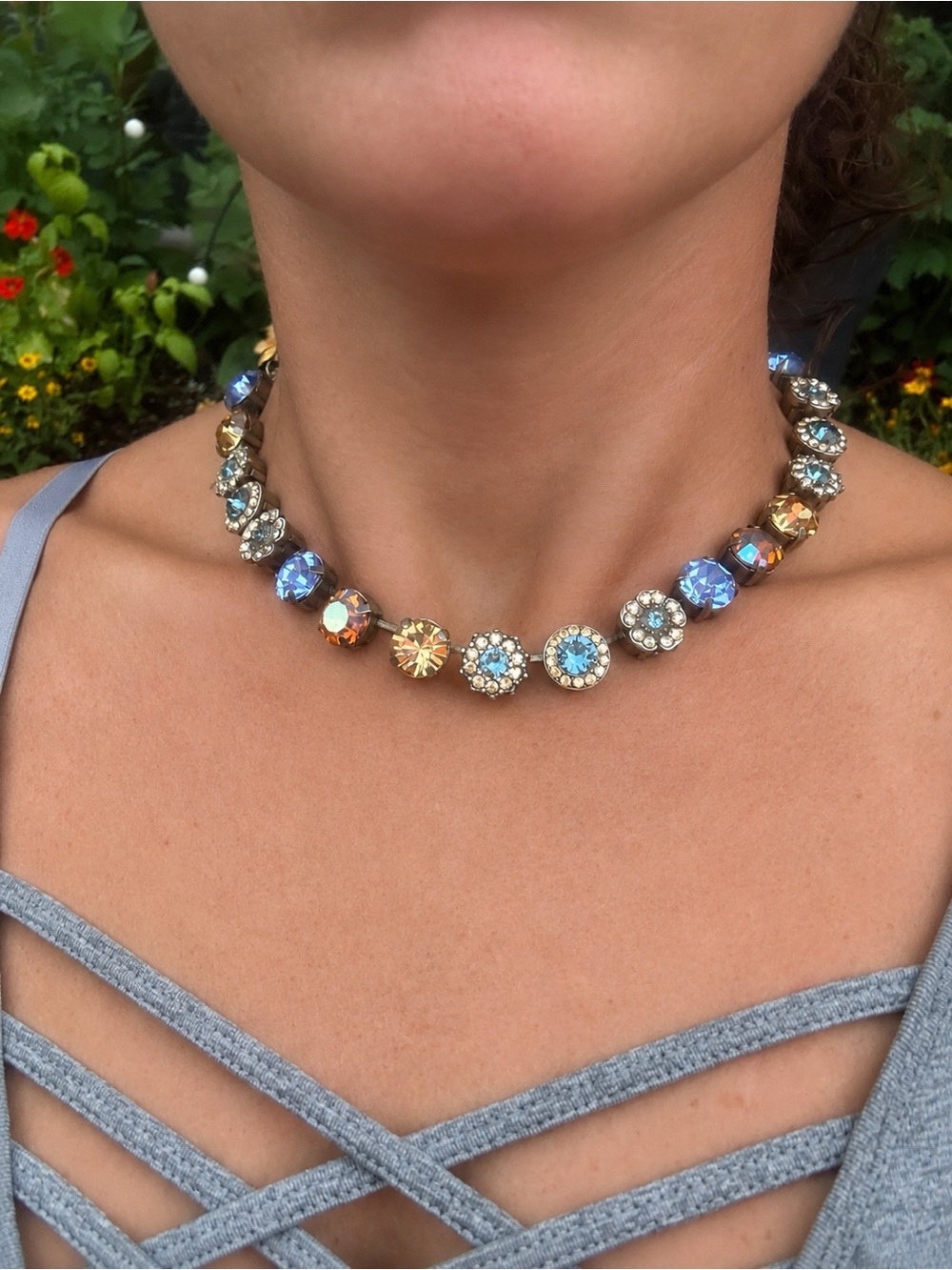 Mariana Swarvoski Crystal Blue Champagne Aurora Borealis Floral Necklace - Picture 2 of 11